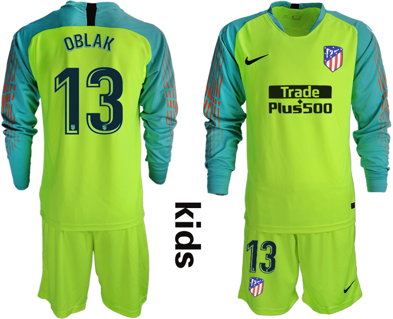 2018_2019 Club Atletico Madrid fluorescent green long sleeve Youth goalkeeper #13 soccer jerseys